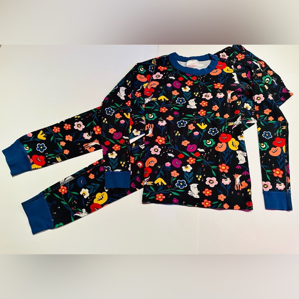 Hanna Andersson Floral & White Rabbit Long John Pajamas Size: 140 (10)